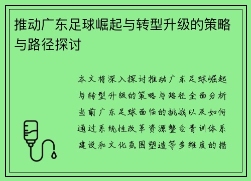 推动广东足球崛起与转型升级的策略与路径探讨 推动广东足球崛起与转型升级的策略与路径探讨