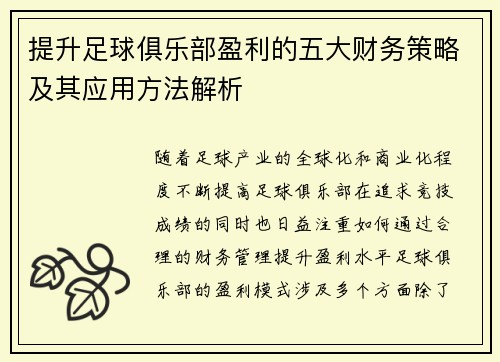 提升足球俱乐部盈利的五大财务策略及其应用方法解析 提升足球俱乐部盈利的五大财务策略及其应用方法解析