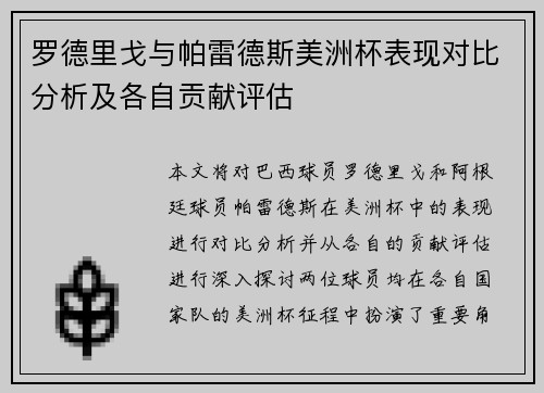罗德里戈与帕雷德斯美洲杯表现对比分析及各自贡献评估 罗德里戈与帕雷德斯美洲杯表现对比分析及各自贡献评估