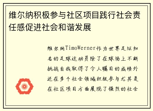 维尔纳积极参与社区项目践行社会责任感促进社会和谐发展 维尔纳积极参与社区项目践行社会责任感促进社会和谐发展