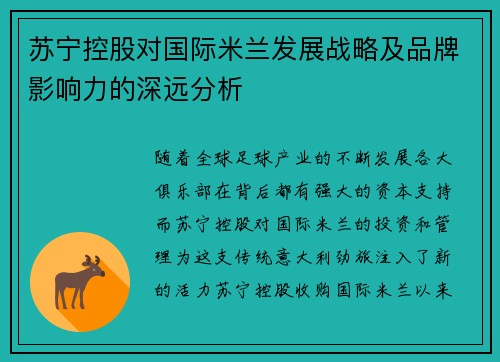 苏宁控股对国际米兰发展战略及品牌影响力的深远分析