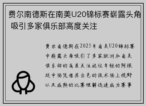 费尔南德斯在南美U20锦标赛崭露头角 吸引多家俱乐部高度关注